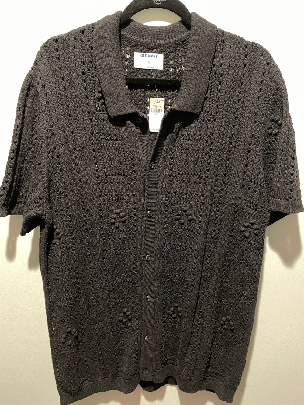 Old Navy Men's Black Crochet Knit Short-Sleeve Polo Shirt